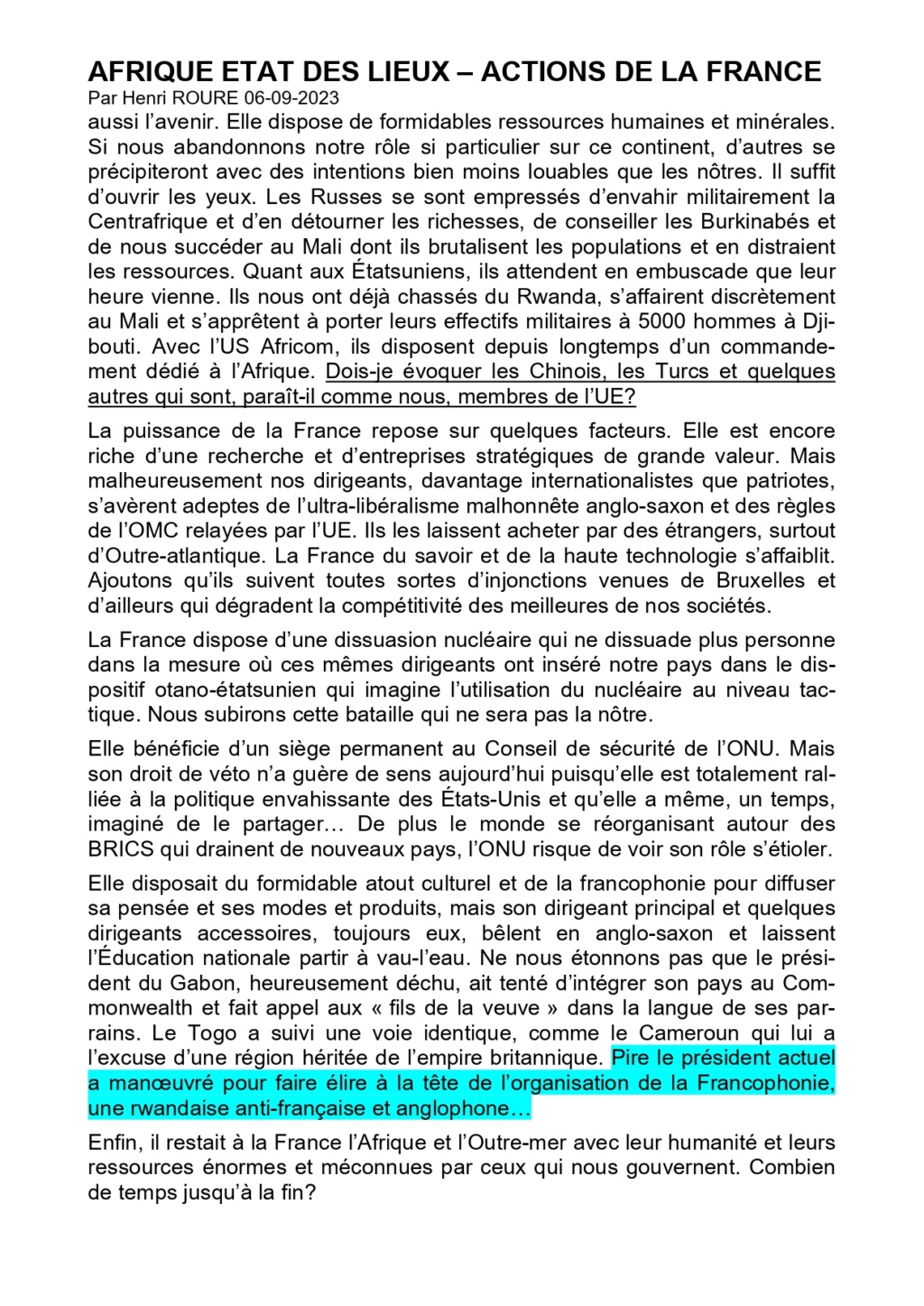 AFRIGUE ETAT DES LIEUX - ACTION DE LA FRANCE par Henri ROURE 06-09-2023 "Quand les Français serviront-ils à nouveau la France? Afriqu12
