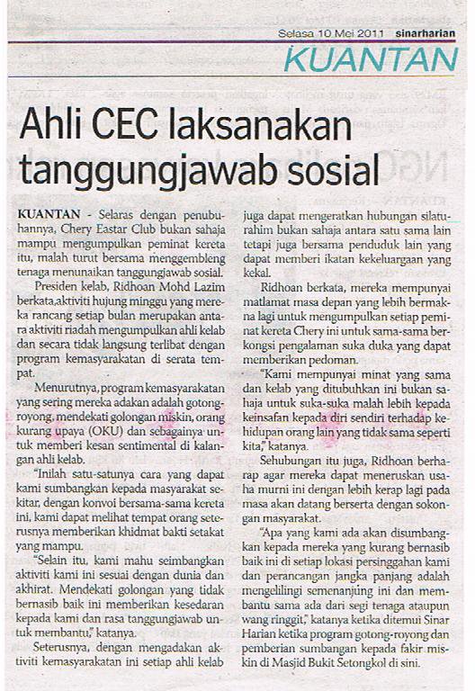 Keratan Akhbar Sinar Harian Program Amal/Kebajikan CEC di Kuantan 10 May 2011. Kerata10