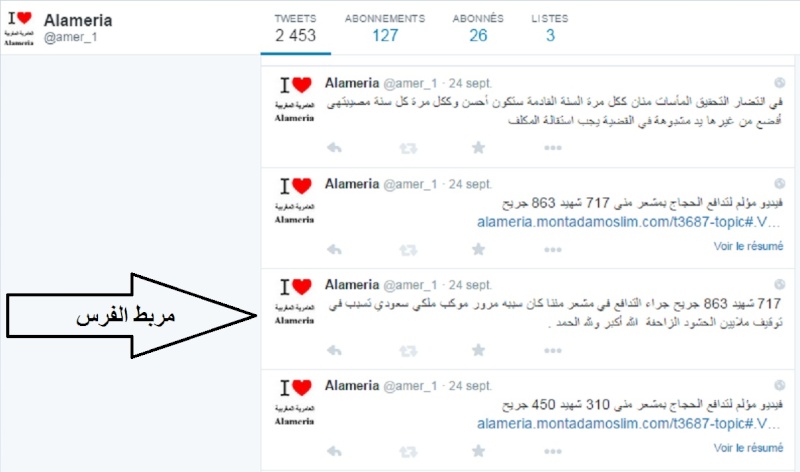 تغريدة على موقع التواصل الاجتماعي العامرية المغربية 24-09-2015 مرور موكب سعودي تسبب في 900 قتبل 316