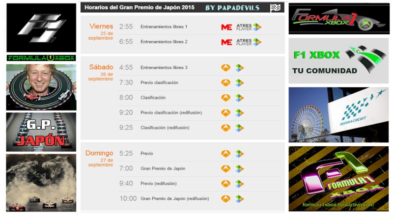  F1 2015 REAL / Horarios Y Canales de TV en DIRECTO / Gran Premio de Japón (Circuito de Suzuka) / Libres 1, 2, y 3, Clasificación, y Carrera / 25 - 26 - 27 de Septiembre de 2015.  201514