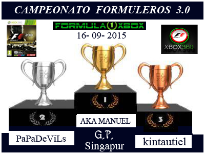 F1 2013 / RESULTADOS Y CLASIFICACION / CTO. FORMULEROS 3.0 / GP SINGAPUR/ 16-09-2015. Podium17