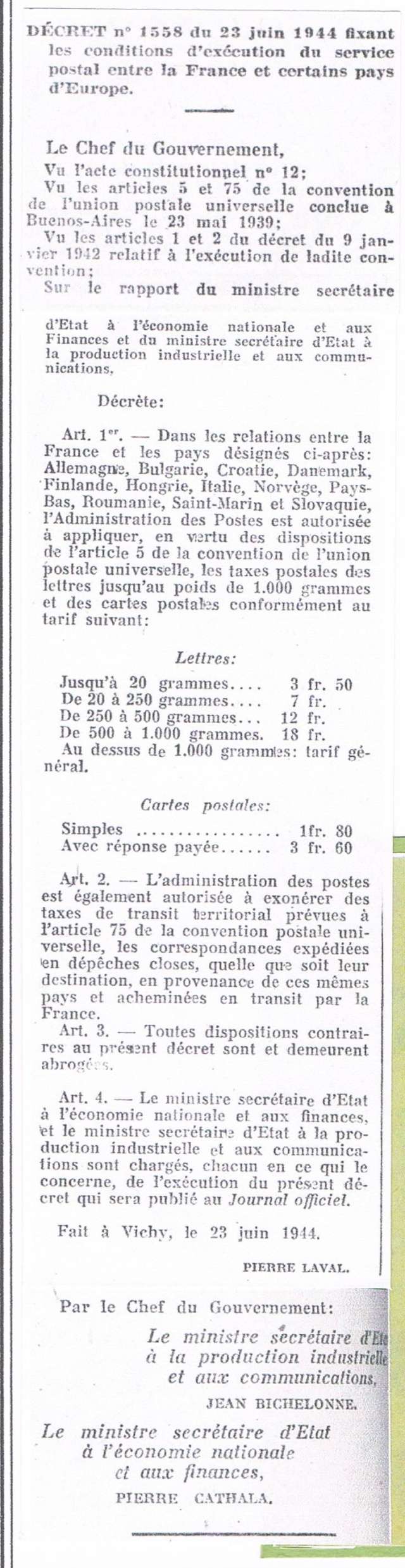 Les Tarifs postaux du décret n° 1558 du 23 juin 1944 entre la France et certains pays d’Europe.Texte du décret Ccf17110