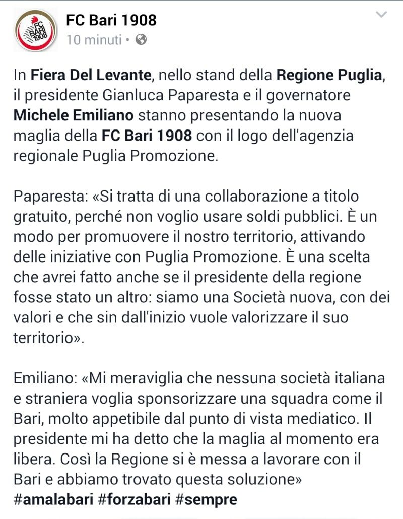 18/09/15 - Intese Fc Bari-Regione. E spunta logo sulle maglie... / Puglia, 2° sponsor territoriale dopo San Nicola. Gli altri precedenti... Screen20