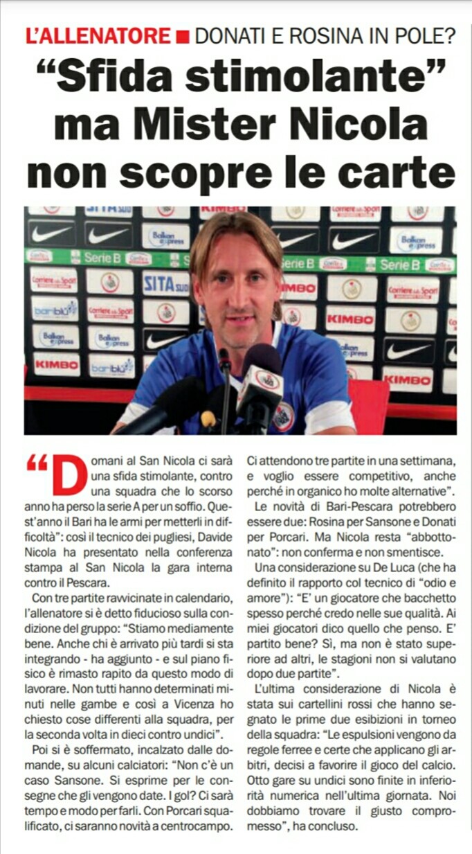 19/09/15 - Bari-Pescara, rebus a centrocampo. Nicola fa spallucce: le probabili formazioni Img_2030