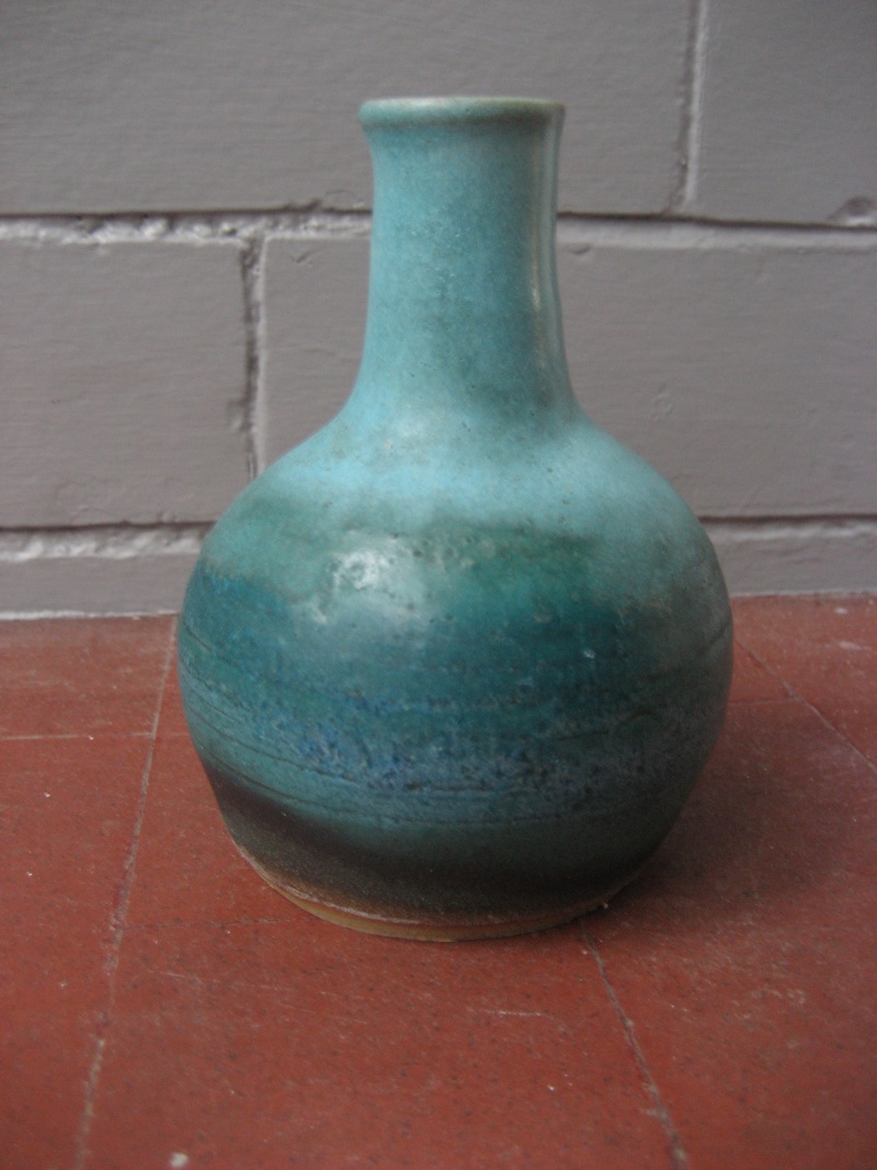 Turquoise Glazed Small Bulbous Vase, Incised RLB mark Img_0510