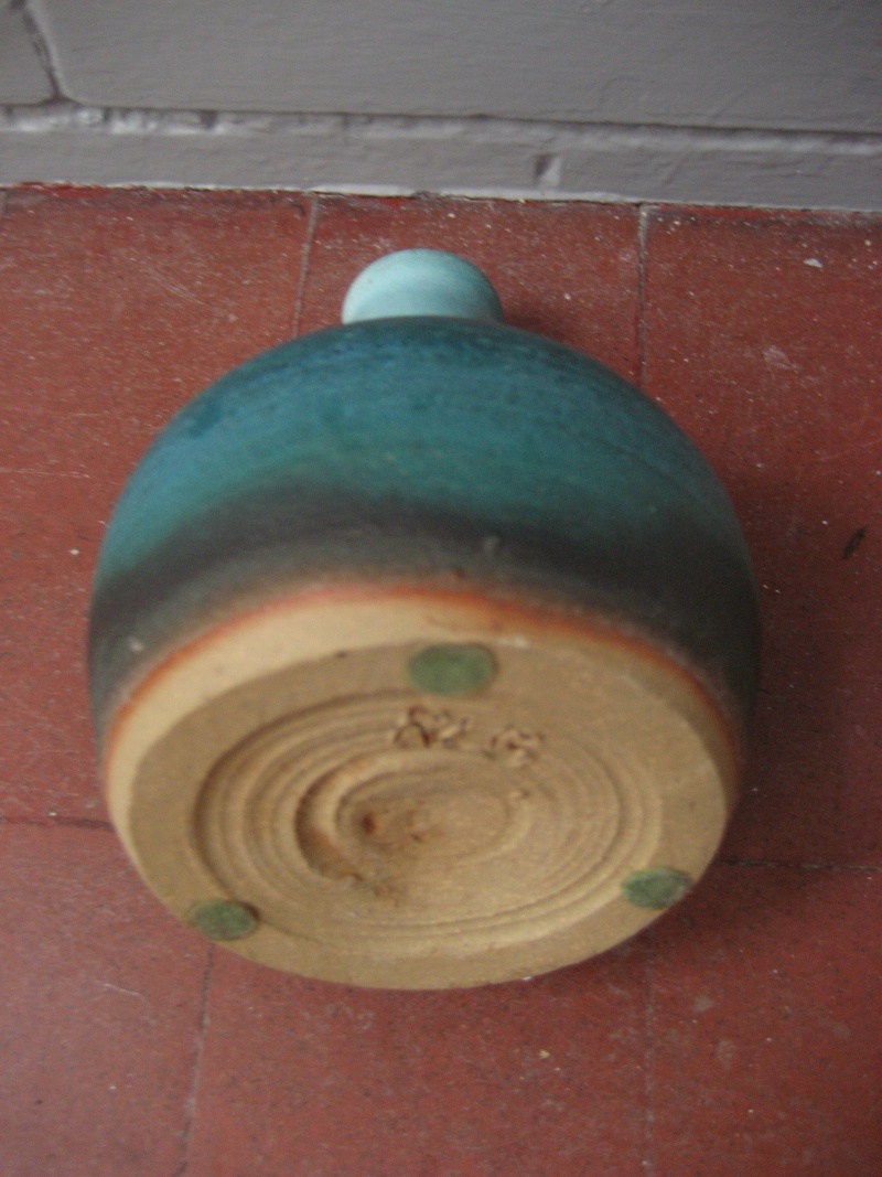 Turquoise Glazed Small Bulbous Vase, Incised RLB mark Img_0511