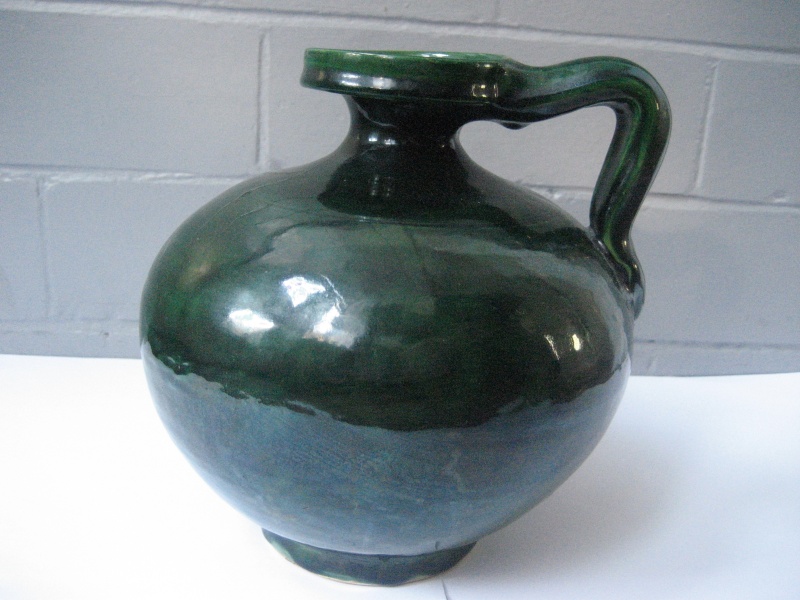 Bulbous Single Handle Dark Green Glaze Grecian Looking Vase. No Mark Img_1111