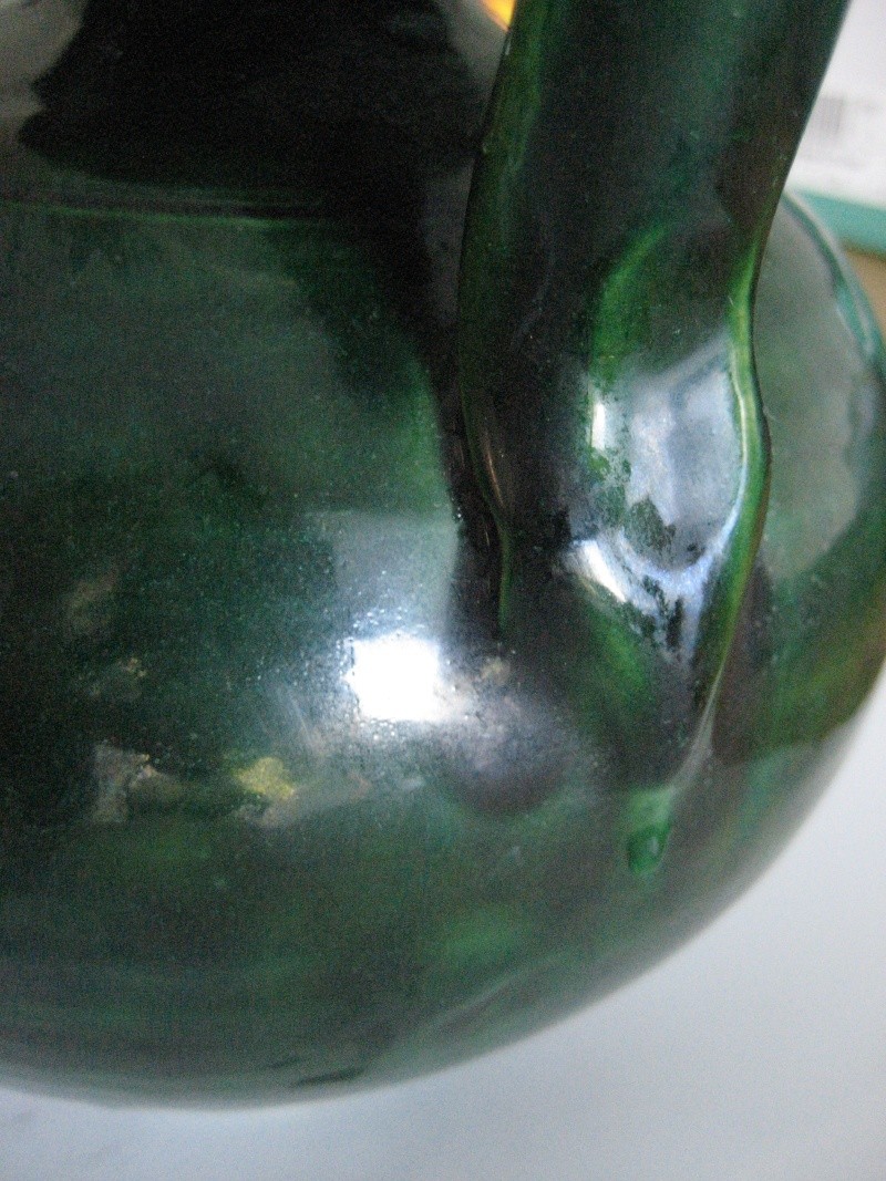 Bulbous Single Handle Dark Green Glaze Grecian Looking Vase. No Mark Img_1114