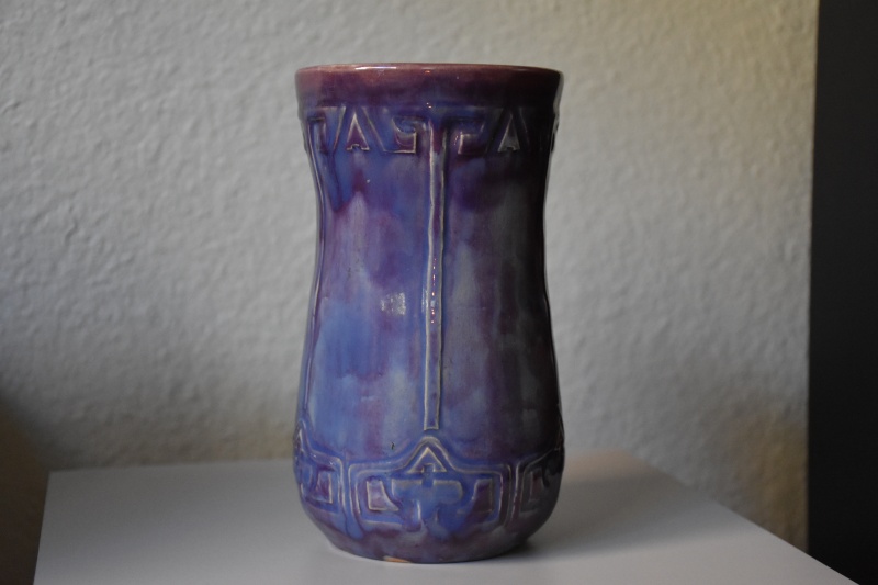 7.5" Vase with Purple and Blue Glossy Drippy Glaze with Geometric Relief  Purple18