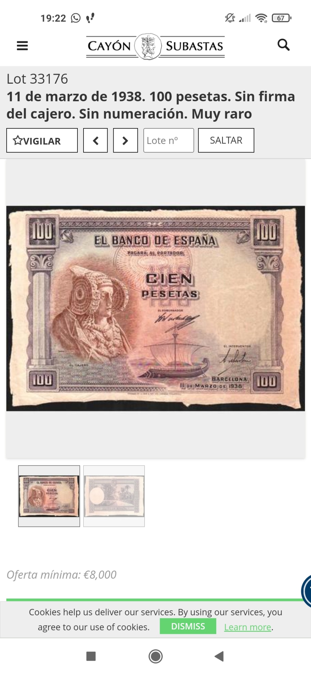 Sobre billetes de 100 pesetas de 1938 Dama de Elche subasta Cayón Screen73