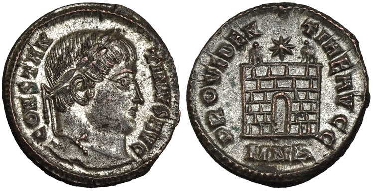 AE3 de Constantino I. PROVIDENTIAE AVGG. Puerta de campamento de 2 torres. Nicomedia.  R-827110