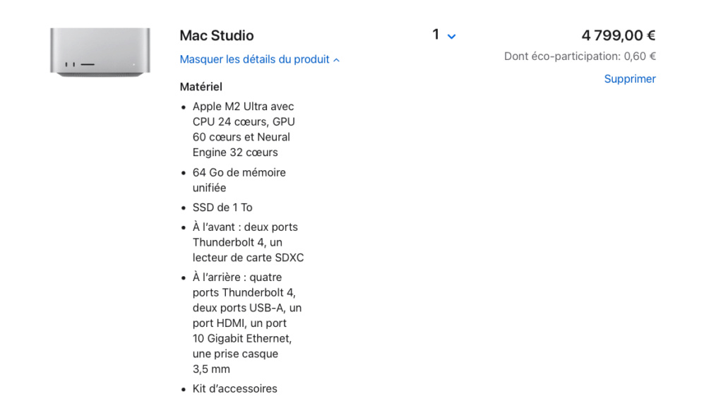 Mac Studio  -  M2 Ultra  -  CpU-24  GpU-60  NEngine-32   -  64 Go RAM  -  1 To  -  4800 €  TTC Shoot-22