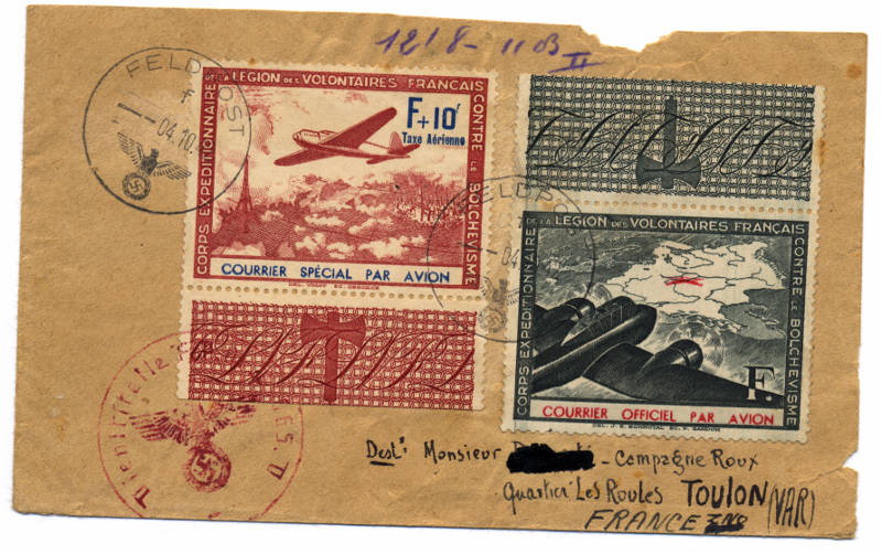 Lettre avec vignette "Légion des Volontaires Français" oblitération Feldpost 1943 Face_a10