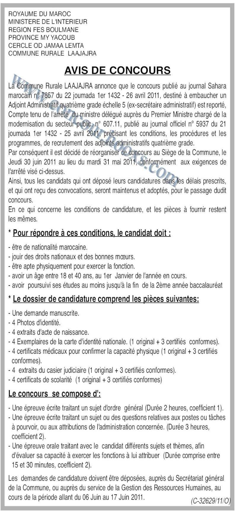 La Commune Rurale LAAJAJRA : AVIS DE CONCOUR Adjoint Administratif quatrième grade échelle 5 avant 17 juin 2011 Cr_con10