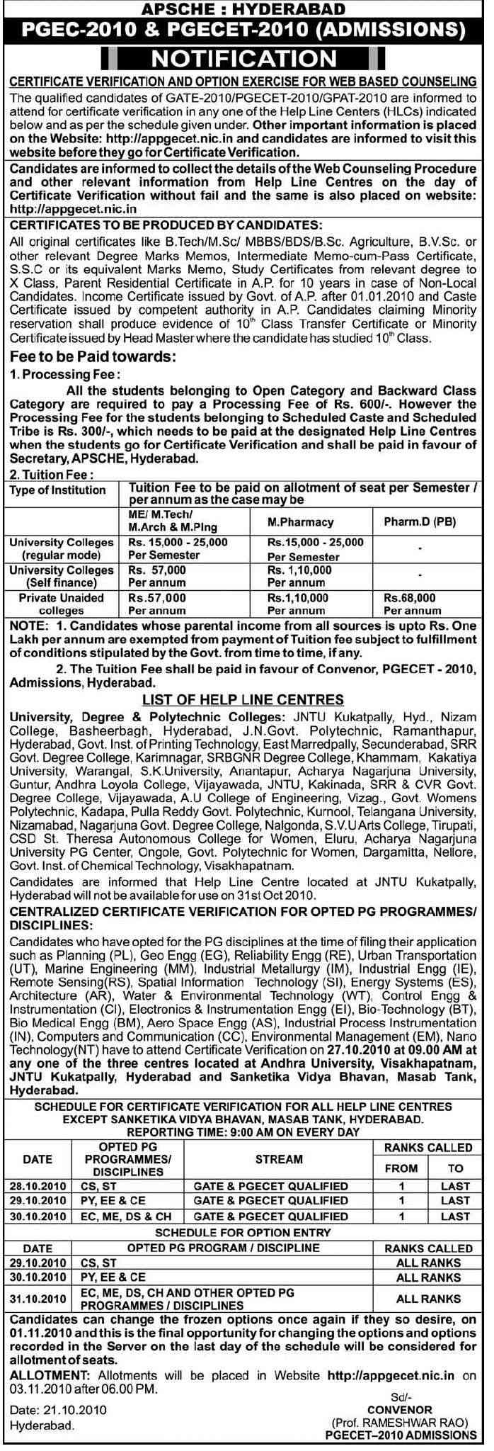 PGEC & PGECET 2010 Counselling Notification  Pgcet10
