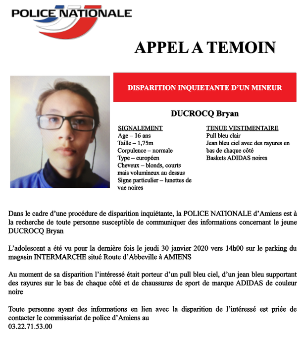 #Amiens : un appel à témoin lancé après la #disparition d'un #mineur de 16 ans Epx2ci10