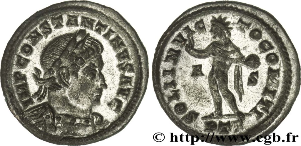 Nummus de Constantino I. SOLI INVICTO COMITI. Sol a izq. Lyon 5835710