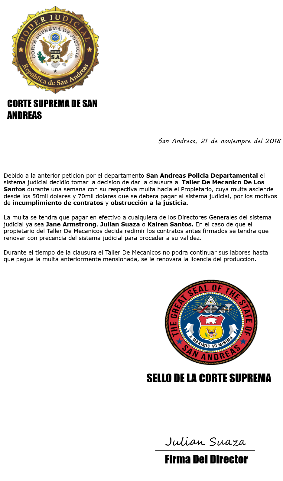 Solicitud Judicial Contra el Taller Mécanico de Los Santos Petici11
