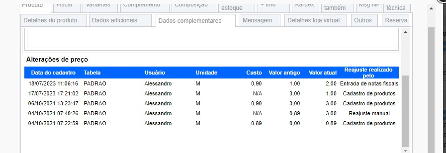 Histórico de alteração de preço de produto no cadastro aba dados complementares Histzr10