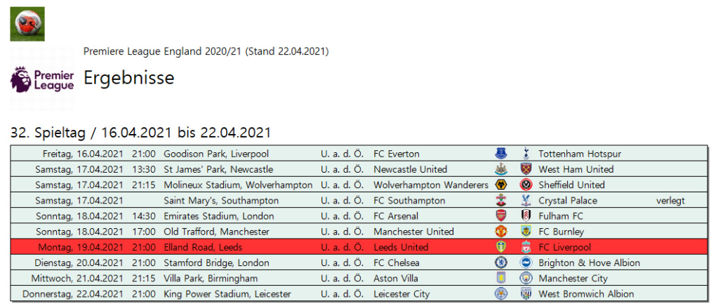 32. Spieltag der Premiere League 2020/21 - 19.04. 2021 21:00 Leeds United - Liverpool FC 1:1 A510