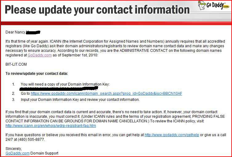 J'ai reçu de GoDaddy un email de vérification des infos de mon domaines: ICANN - review/update your contact data Captur16