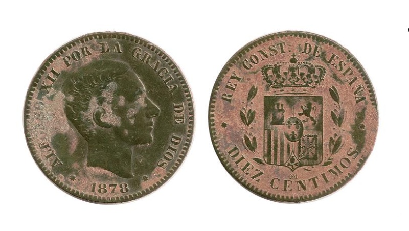 10 Céntimos de Alfonso XII de 1878, ceca Barcelona. 1105