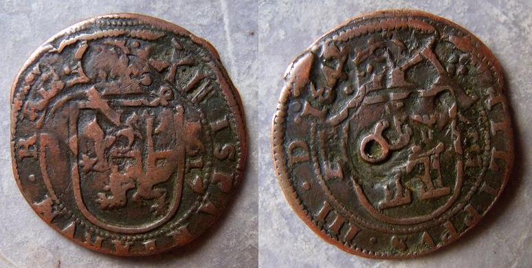 VIII maravedís de Felipe III 1617 Segovia, resellos XII 1642 Toledo, a 8 1651-2 y anagrama 1658-9 1106