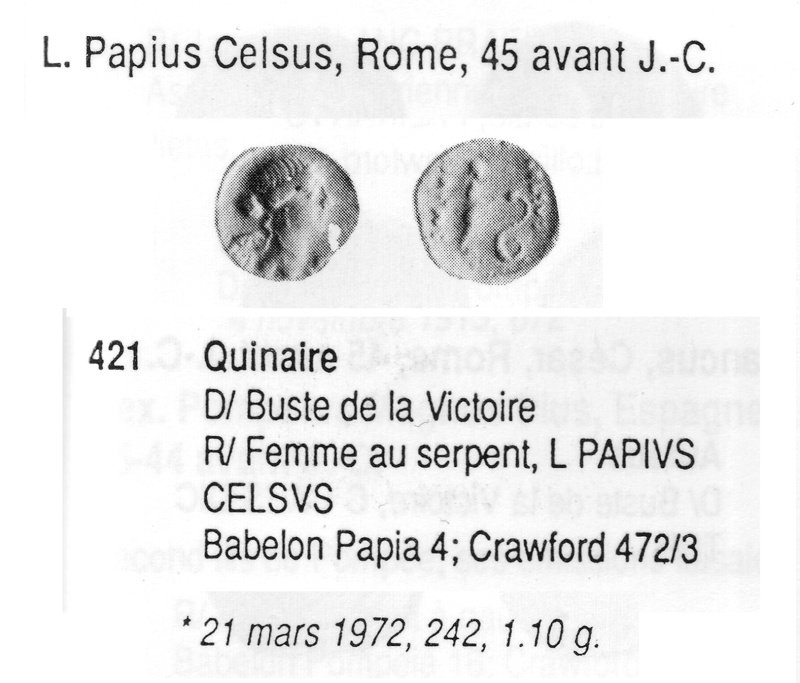 Quinaire de L.Papius Celsus famille papia (45 avjc) Crawfo10