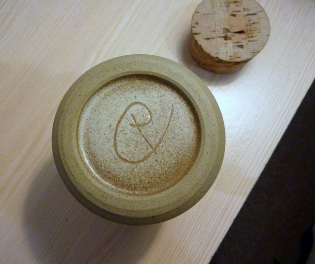 Thrown pottery Jar with cork lid, signed cp? A11