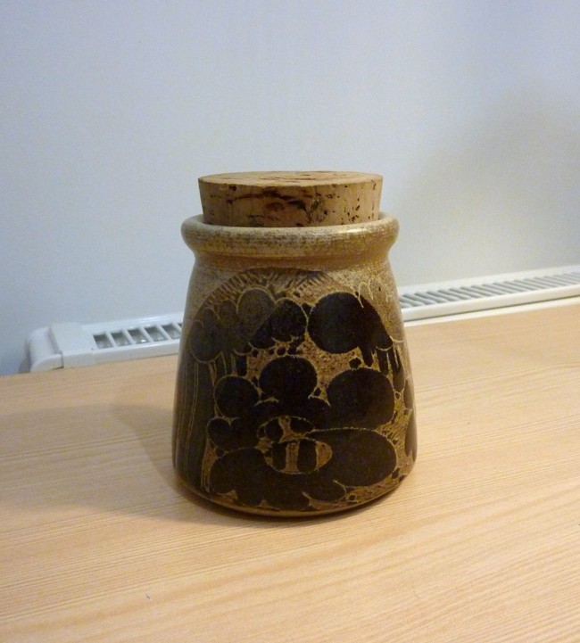 Thrown pottery Jar with cork lid, signed cp? A_710