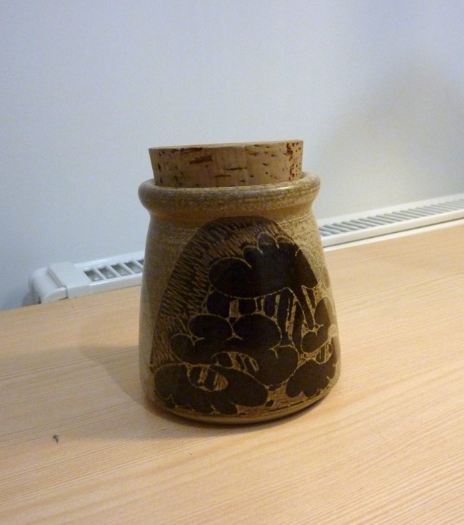 Thrown pottery Jar with cork lid, signed cp? A_811