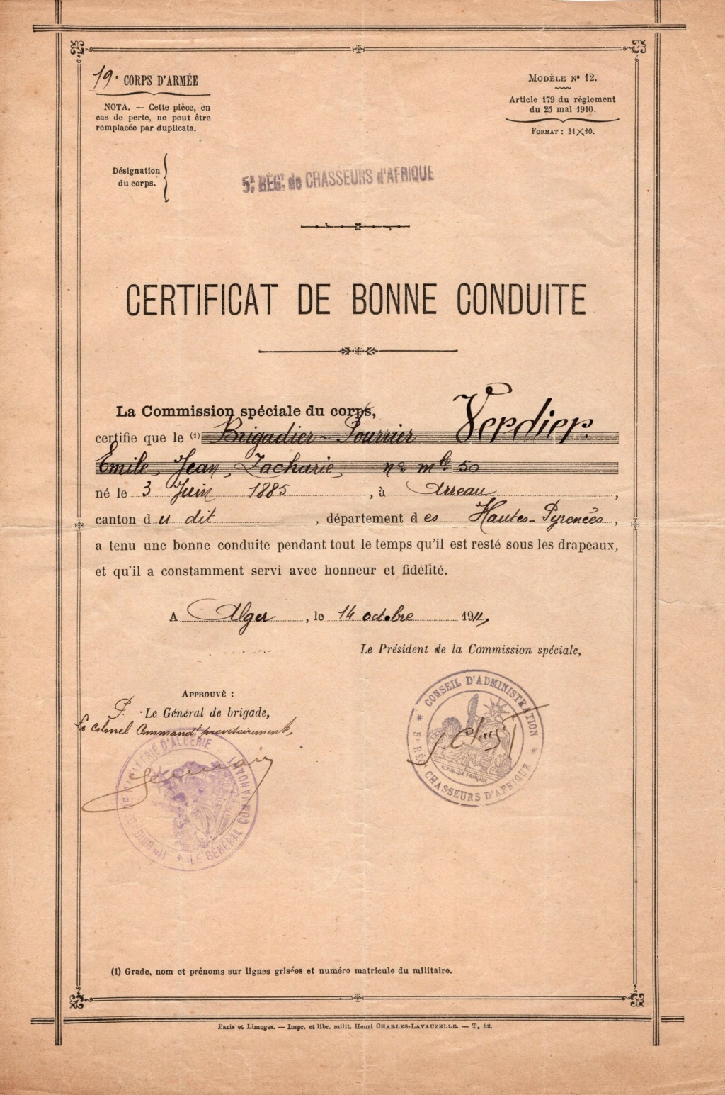Certificat de Bonne Conduite  Brigadier-Fourrier 5ème Rgt Chasseurs d'Afrique - PHILPENS - MARS - 2 (Retrait de la Vente) Img01017