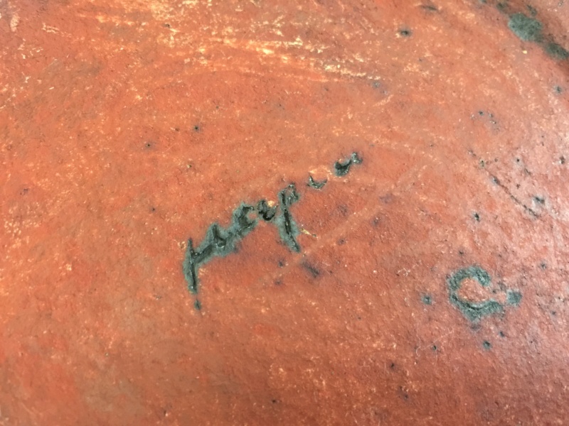 Rustic 'plate' with applied LAUREL WREATH pattern - illegible signature? Img_8915