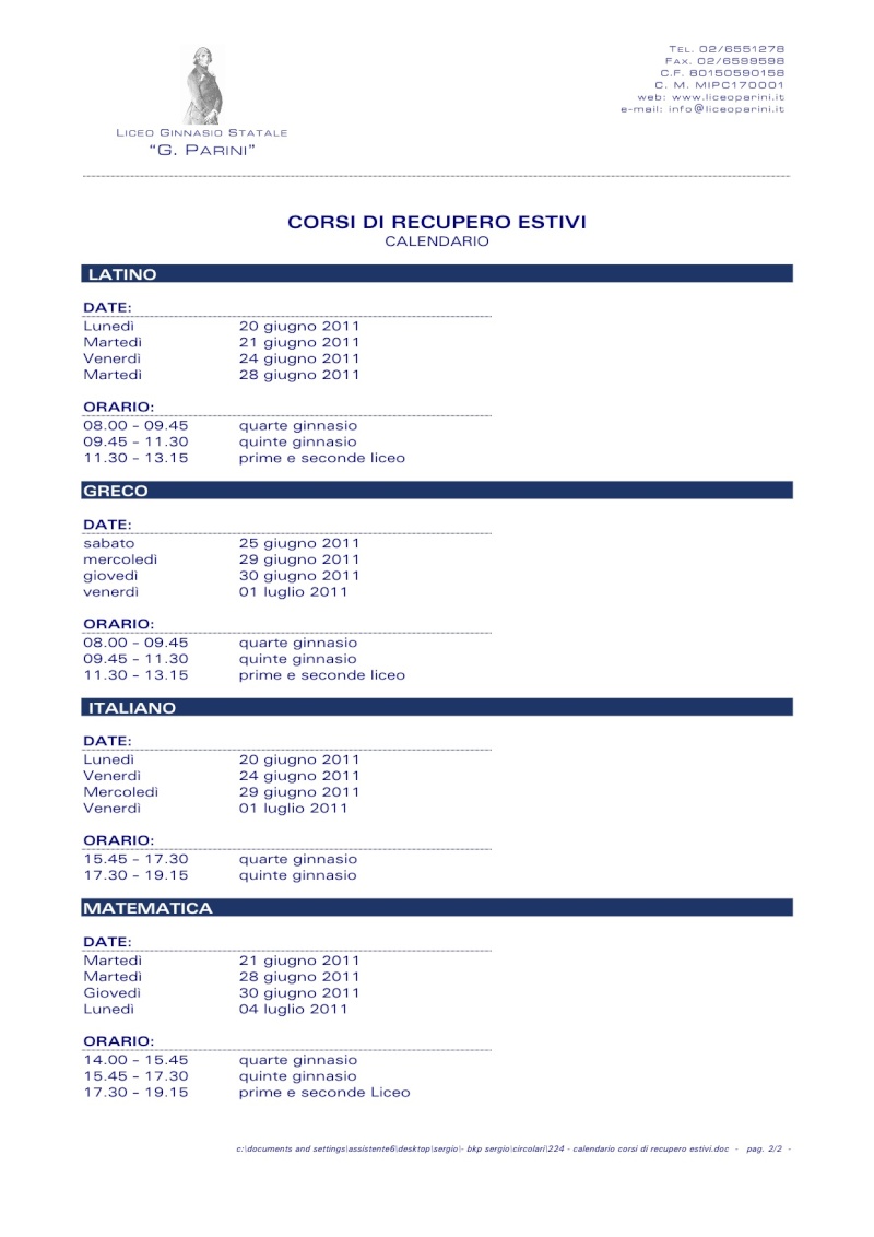 Calendario materie e date per recuperi estivi liceo Parini Recuoe10