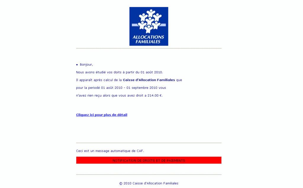 Arnaque à la caisse des allocations famiales par mail Caf110