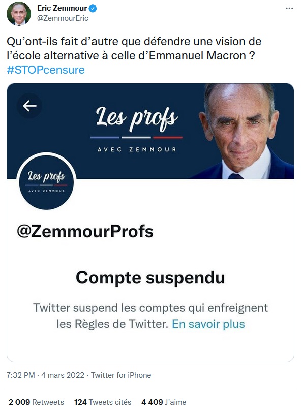 Macron Candidat :  la censure contre Zemmour explose sur Tweeter  Censur13