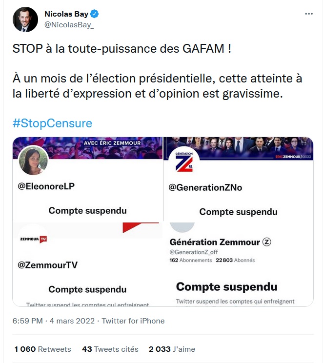 Macron Candidat :  la censure contre Zemmour explose sur Tweeter  Stop_c11