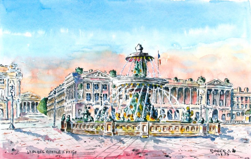 aquarelle de 38 x 24 cm sur papier sec : la Place Royale à Paris . Paris_10