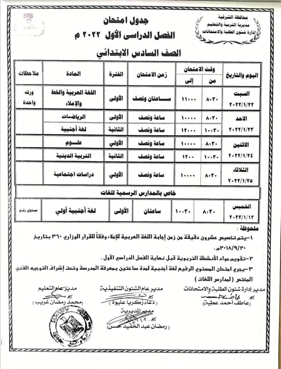 جدول نصف العام للمرحلتين الابتدائية والاعدادية محافظة الشرقية Ad62cf10