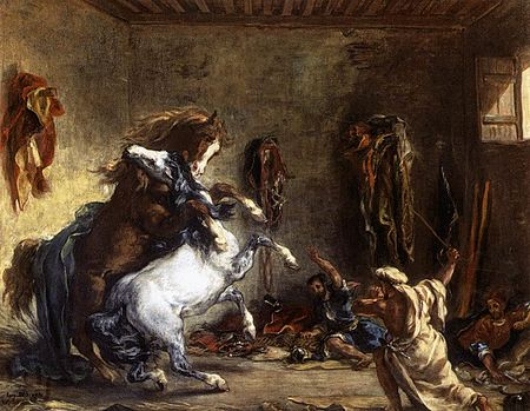 Caballos árabes luchando en un establo.  Eugène Delacroix, Delacr12