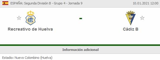 JORNADA 9ª 2ª DIVISION B GRUPO IV SUBGRUPO A TEMP.2020/2021 RECREATIVO DE HUELVA-CADIZ CF B (POST OFICIAL) 29200