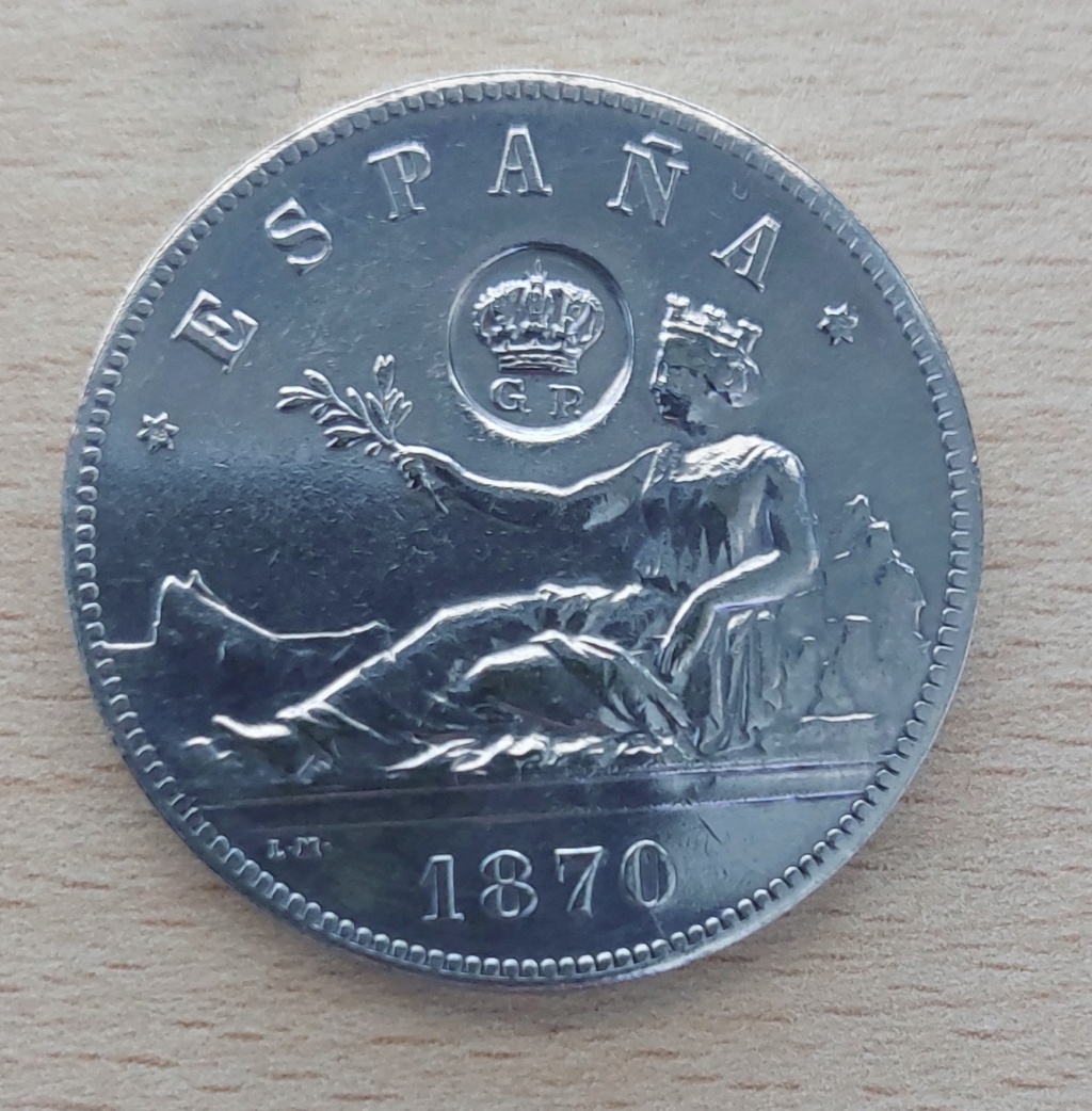 Moneda de 5 pesetas 1870 con resello GP. 20240410
