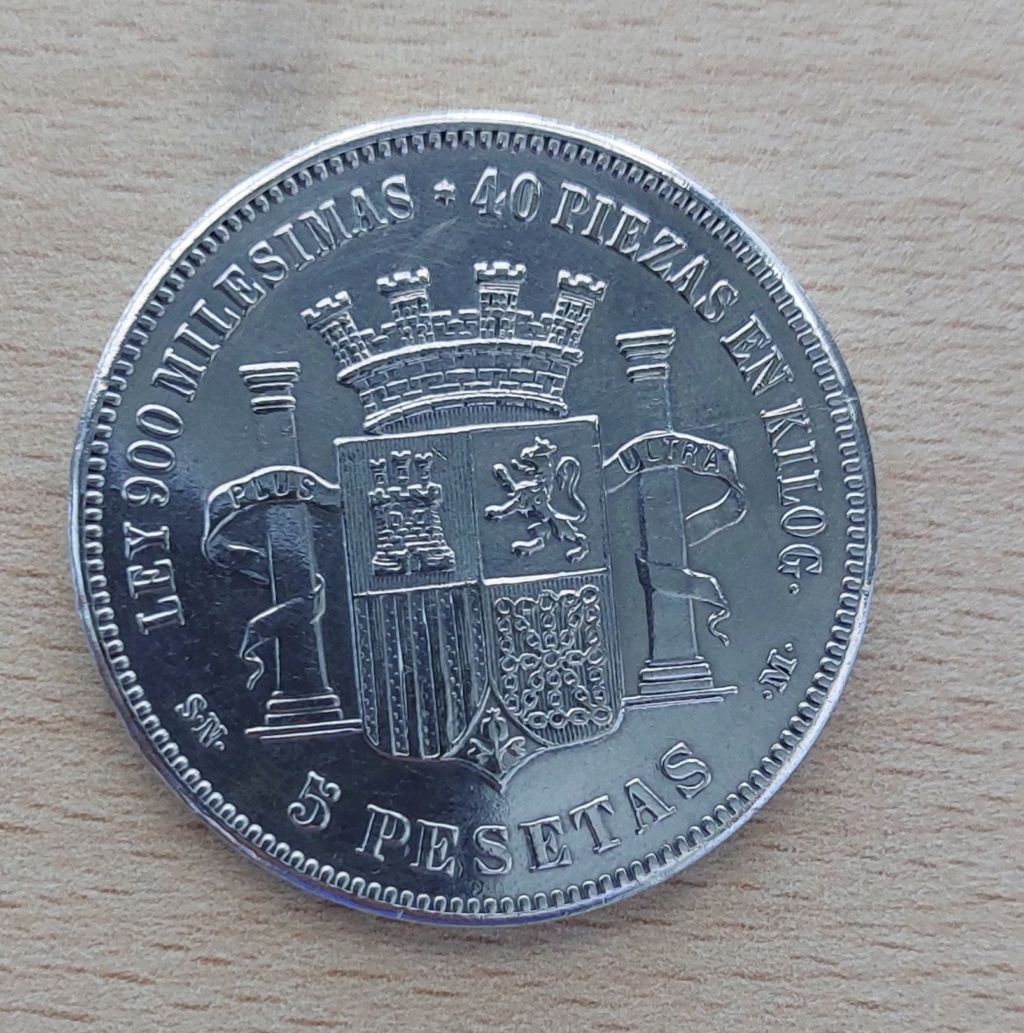 Moneda de 5 pesetas 1870 con resello GP. 20240411