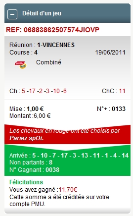 VINCENNES REUNION 1 COURSE 4 --- 19.06.2011 ---- mise : 60 € gain : 39 € Scree216