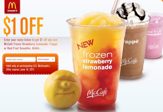 McDonalds: $1 off Frozen Strawberry Lemonade, Frappe or Real Fruit Smoothie exp. 6/15/11 Mcdona10
