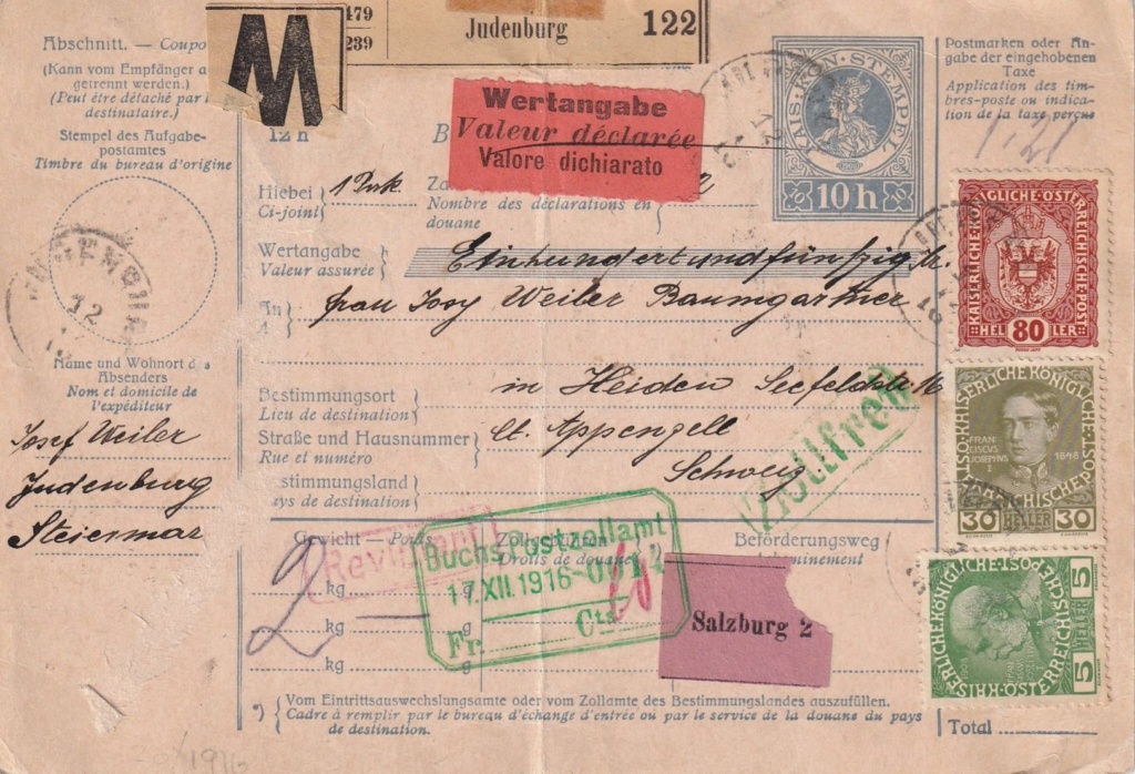 Portobestimmung Paketkarte Judenburg - Schweiz 1916 Judenb11