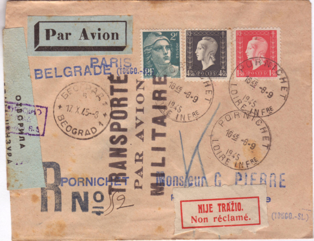 Cachet "Transporté par avion militaire"sur lettre du 06.09.1945 pour Belgrade. 111