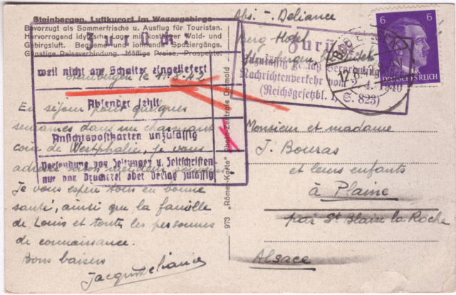 Carte a vue du Reich envoyée en Alsace en 1942 avec censure !! 211