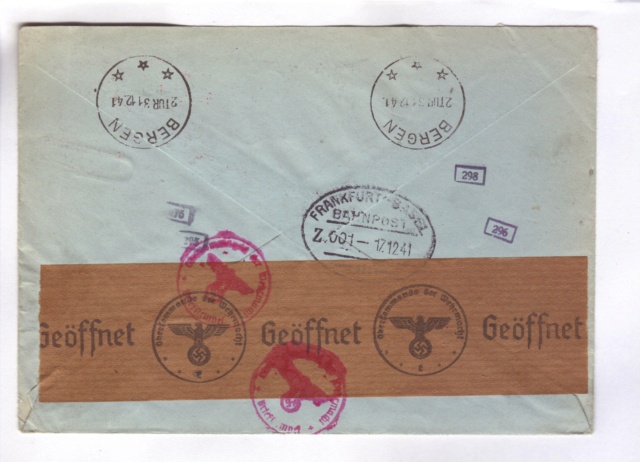 Cachet de contrôle d'Oslo sur bande de fermeture de Francfort/M. - Lettre de Suisse pour Bergen en 1941. 410