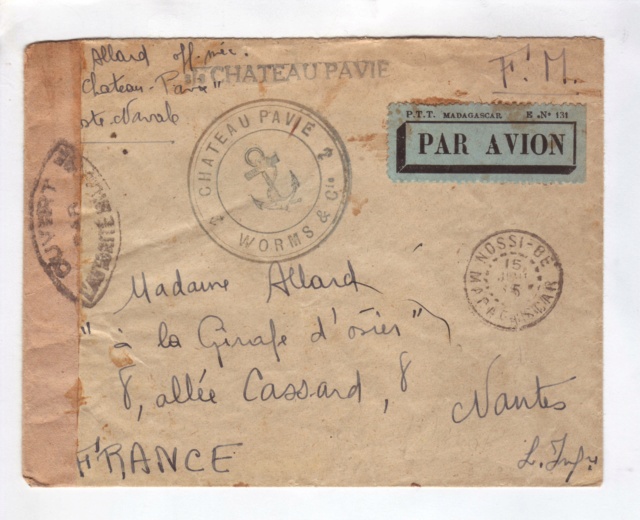 Lettre du navire marchand "Château Pavie" en FM de juillet 1945. D_580010